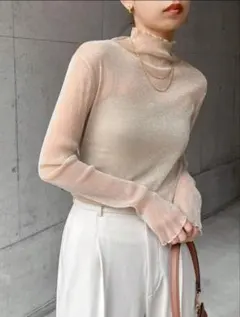 新品 Lサイズ 無地フィットメッシュトップ シアーシャツ ベージュ
