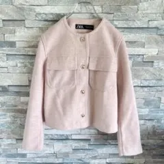 ZARA 金ボタン ノーカラージャケット XS ライトピンク きれいめ 上品のサムネイル