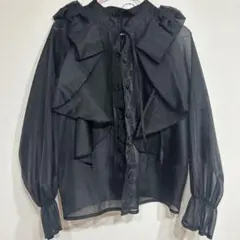 フリル リボン 付きシースルーブラックシャツ