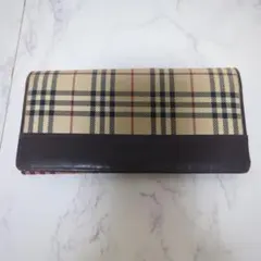 BURBERRY 長財布 レザー キャンバス ノバチェック がま口 ベージュ