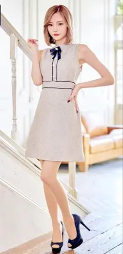 Dazzy store ハイネックツイードリボンノースリーブAラインミニドレス