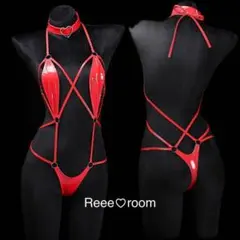 エナメルビキニコスプレ衣装 セクシーボンテージコスチューム 小悪魔 首輪レッドのサムネイル