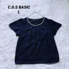 C.D.S BASIC ビジュー付きブラウス L 濃紺 シフォン袖 上品のサムネイル