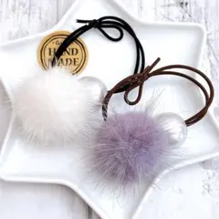 ハンドメイド　レジン　ヘアゴム ヘアアクセサリー　ミンクファー　パール大人可愛い