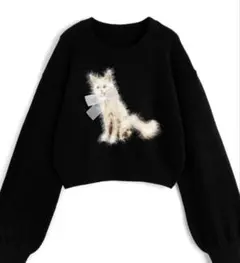 猫 ニット キャット リボン ブラック Frene GRL