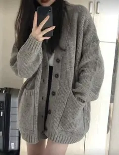 リブ編みニットグレー長袖カーディガン