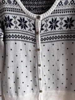 レトロガール　雪柄カーディガン　白　フリー　M 北欧　丸襟　長袖ニット　セーター