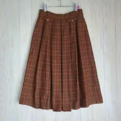 962 フェミナ ウール オレンジ系チェック プリーツスカート ひざ丈