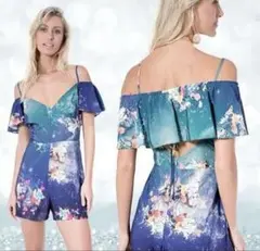 オフショルダー フリル サロペット 青紫