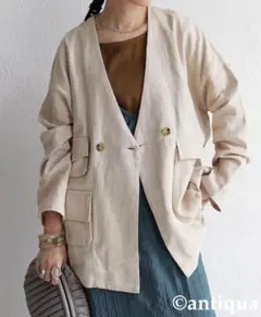 【アンティカ 】ポケットリネンノーカラージャケット
