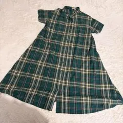 Samansa Mos2 半袖シャツワンピース グリーン系　チェック　麻リネン混