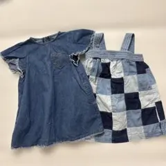 デニムハート刺繍ワンピース　パッチワークデニムワンピ