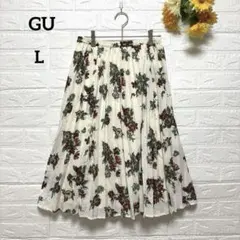【ジーユー】GU 花柄フレアスカート シアー ミドル丈 アイボリー Lタグ付き