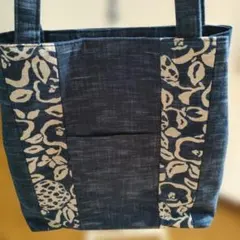 藍染めダークブルーのデニムトートバッグ 32×31cmマチ11cm