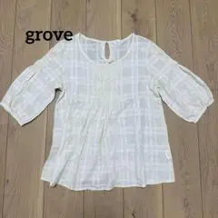 grove グローブ ピンタックブラウス 七分袖 チェック柄 シアー Mサイズ