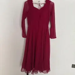 バーガンディ 長袖 Vネック ワンピース