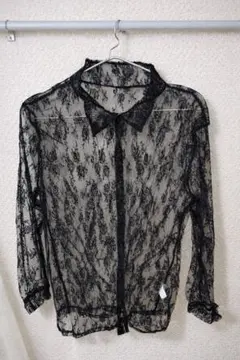 シースルー総レースシャツ黒 長袖L 襟付き透け感ユニセックス春夏韓国系新品