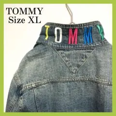 トミー TOMMY デニムジャケット Gジャン 刺繍カラーロゴ 古着 XL 水色