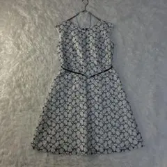 極美品✨ワンピース 花柄 総レース ベルト付き ノースリーブ 白 紺M