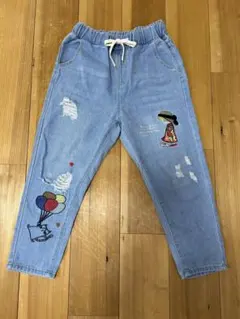 美品 ダメージ加工 バルーン&女の子刺繍のデニムパンツ