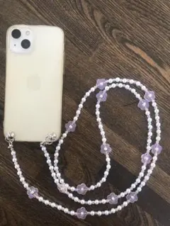 No.004スマホショルダー パールビーズストラップ　花