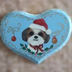 トールペイント作品　ハート型プレート クリスマス　シーズー犬