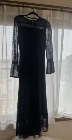 ネイビー レース ロングドレス フレア袖