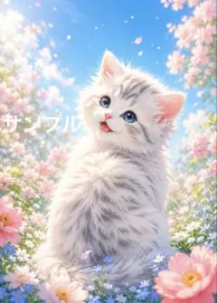 一作限り】青紫の花と蝶に包まれた長毛白猫 幻想アート A048 - メルカリ