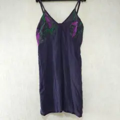 HB 鳥と葉っぱ柄 キャミソールワンピース 藍色コットン