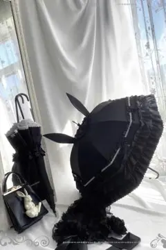 新品タグ付きロリータバニー耳付き黒フリル傘　晴雨兼用　重さ420g