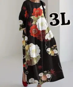 和モダン　着物風デザイン 華やぎ和柄ワンピース 3L ポケット付