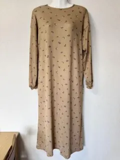 長袖ワンピース ロング丈 ブラウン 小花柄 L 春秋冬 ルームウェア