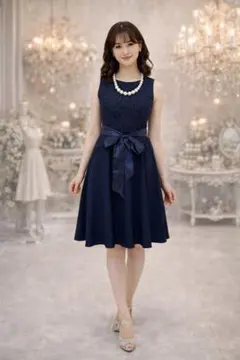 美品 ネイビーレースワンピース 上品フレア 結婚式 二次会 パーティードレス