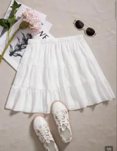 ホワイト フリルスカート 伸縮性ウエスト　シーイン