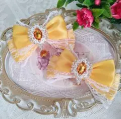 リボン ヘアクリップ 左右2個セット 量産型 地雷系 黄色×白レース