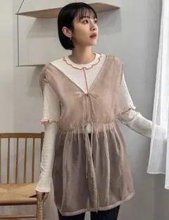 【新品未使用タグ付き】シアーチュールベスト リボン付き ジレ ピンク Mサイズ