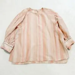 マカフィー コットンリネンストライプ ボリュームスリーブブラウス ピンク 春夏のサムネイル