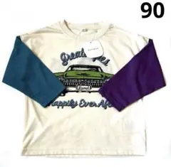 新品 未使用 ベビー キッズ 長袖 Tシャツ 車 ホワイト 90