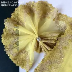 マスタードカラーの両山刺繍チュールレース　1m　N-175