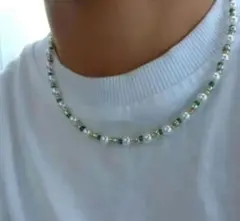 新品未使用 ホワイトパールとグリーンビーズミックスネックレス 男女兼用ストリート