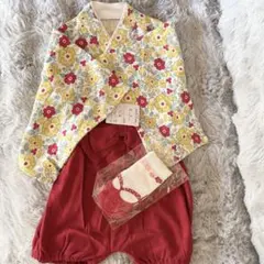 ベビー 袴ロンパース 女の子 花柄 レッド 80サイズ 靴下付き 初節句
