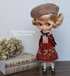 ブライス　アウトフィット　刺繍　赤茶　ワンピース　ティペット　帽子　ハンドメイド