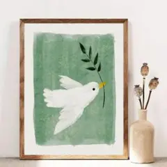 アートポスター　枝をくわえる鳩　キャンバスアート
