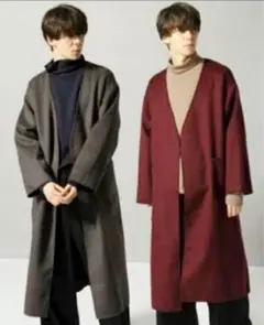 HARE 美品 Wフェイスノーカラーリバーシブルコート グレー×ボルドーMサイズ