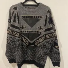 ニット　古着　幾何学模様　レザー