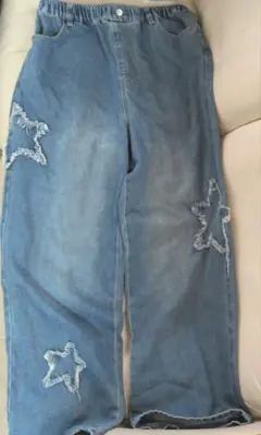 星型刺繍 ライトブルーデニムパンツ