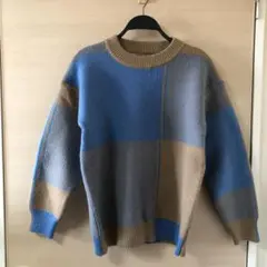 青・茶色ブロックパターンニットセーター