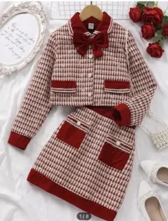赤と白のチェック柄 リボン付きセットアップ