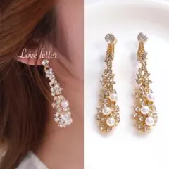 No.32A ゴールドビジューパールピアス 韓国 上品 高見え ブライダル