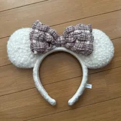 ミッキー耳カチューシャ チェック柄リボン